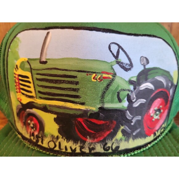 Vintage Oliver John Deere Hand Painted Trucker Green San Sun Hat From Sri Lanka - Picture 3 of 12